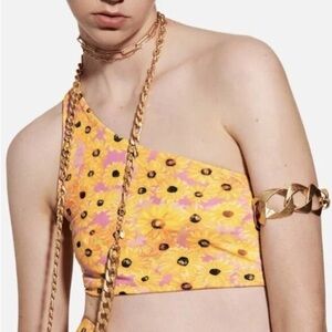 Zara NWT Yellow & Pink Sunflower Print One Shoulder Cropped Top Medium Women’s